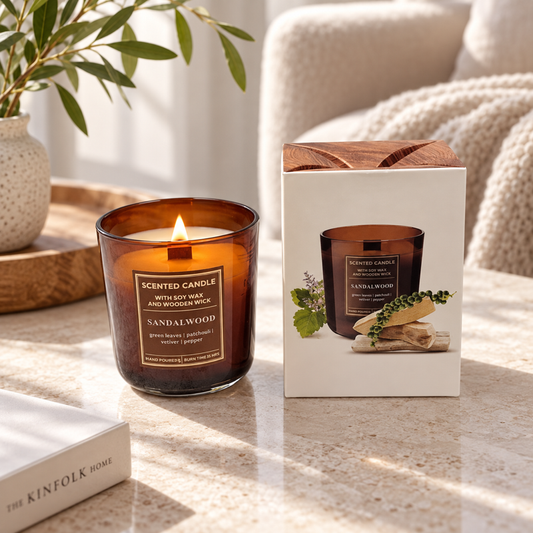 Świeca zapachowa sojowa z drewnianym knotem SANDALWOOD — aranżacja