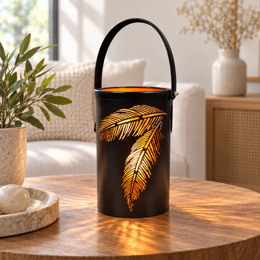 Lampion metalowy z motywem liścia 25cm — aranżacja