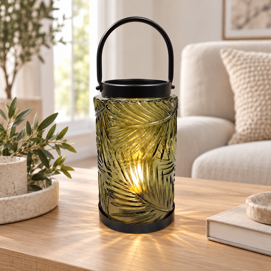 Lampion szklany oliwkowy LED 26cm — aranżacja