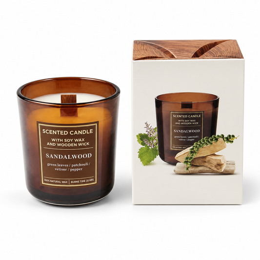 Świeca zapachowa sojowa z drewnianym knotem SANDALWOOD — zdjęcie główne