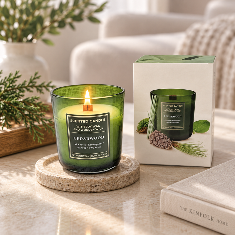 Świeca zapachowa, sojowa z drewnianym knotem CEDARWOOD — aranżacja