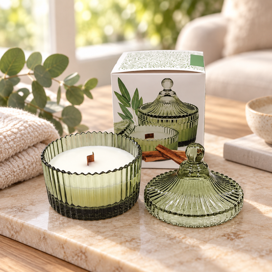 Świeca zapachowa w szkle o zapachu "Eucalyptus and Sandalwood" — aranżacja