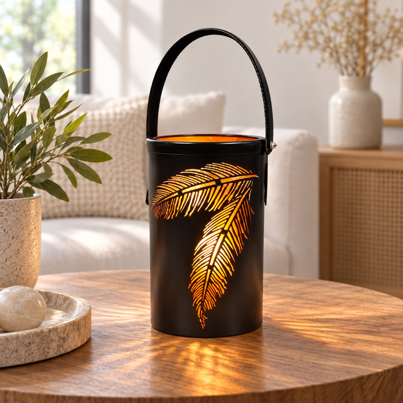 Lampion metalowy z motywem liścia 25cm — aranżacja