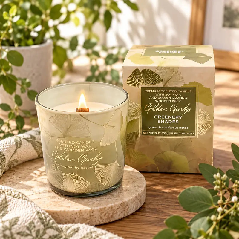 Świeca zapachowa, sojowa z drewnianym knotem GREENERY SHADES – aranżacja